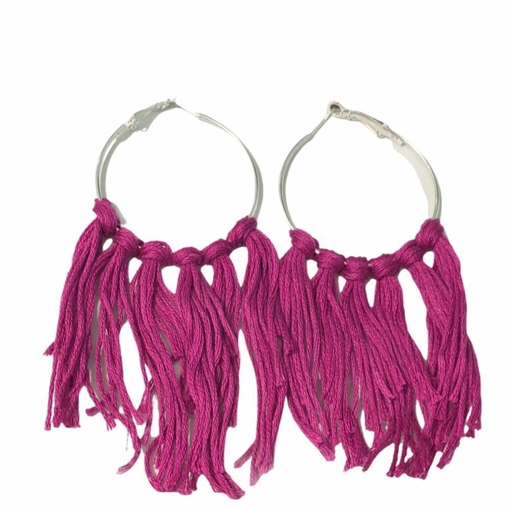 Boho Fringe Tassel Hoop Earrings Silver Tone Magenta‎ Purple Big Statement Large